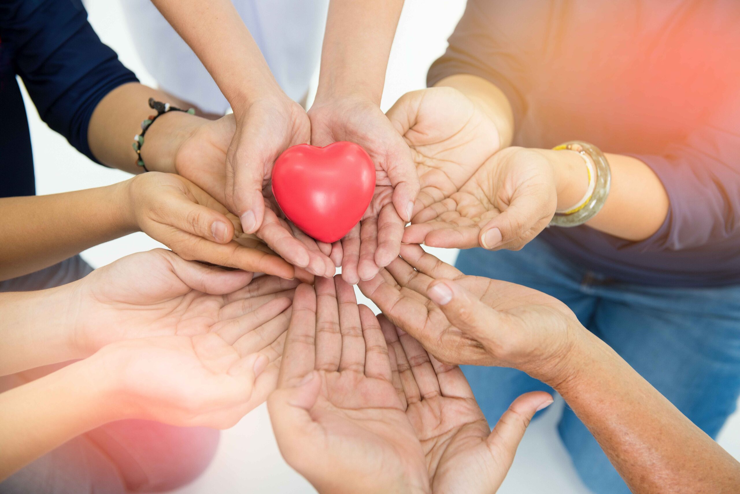 Group of hands holding red heart